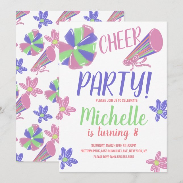 Invitation Doodle Cheer Party Cheerleading Birthday (Devant / Derrière)