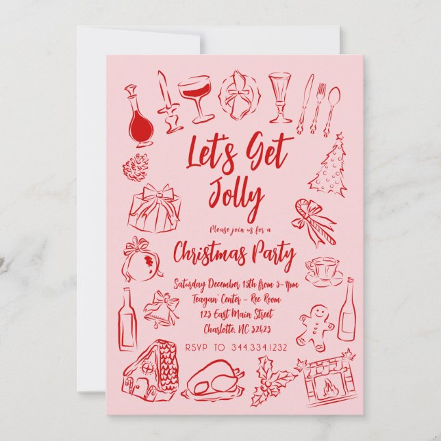 Invitation Doodle de Noël, Invitation rose et roug (Devant)