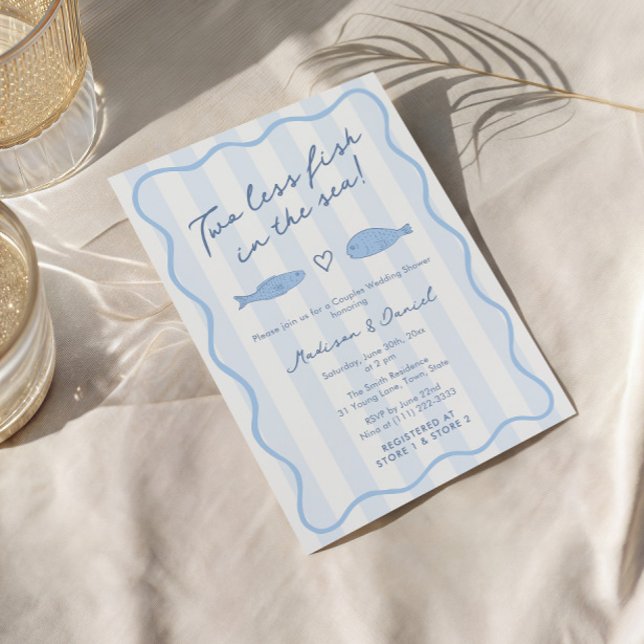 Invitation Doodle Deux poissons en moins dans la mer Co-ed We (Modern hand-drawn Two Less Fish In The Sea co-ed bridal shower invitation with handwritten font)