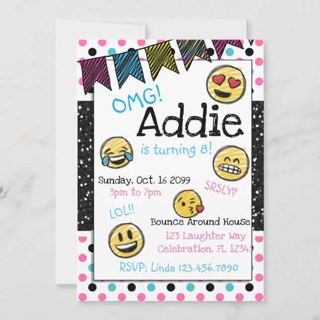 Invitation Doodle Emoji rose et bleu Tween Anniversaire (Devant)