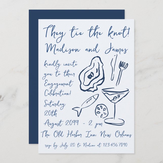 Invitation Doodle funky Nautical Beach Ocean Engagement Party (Devant / Derrière)