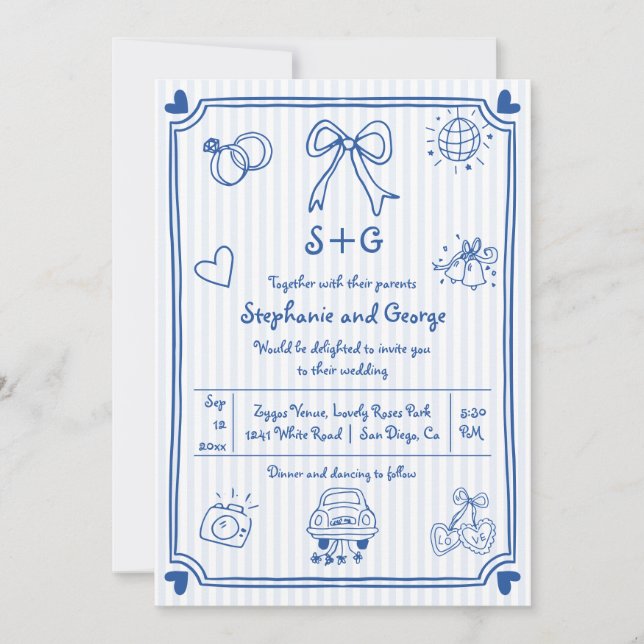 Invitation Doodle gribouillant bleu dessiné à la main, rayure (Devant)