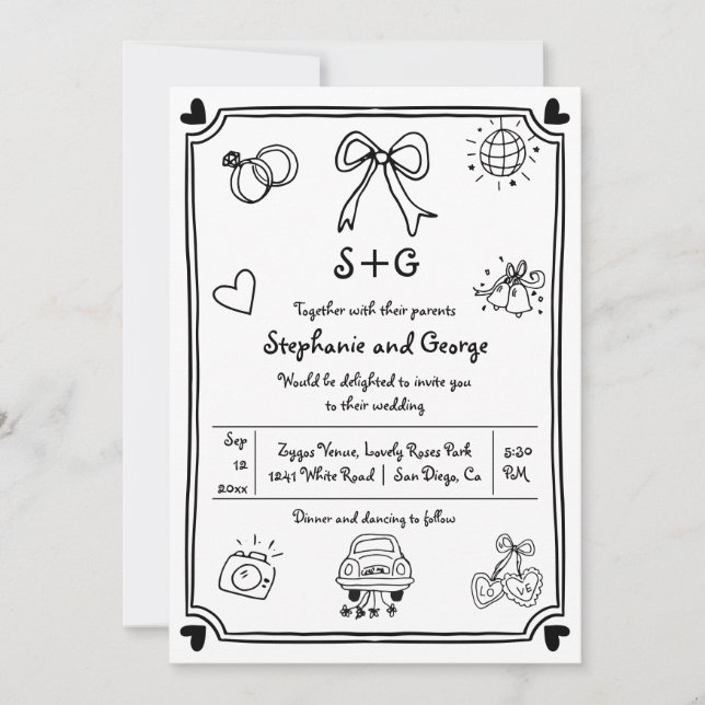 Invitation Doodle gribouillé à la main QR mariage lunatique (Devant)