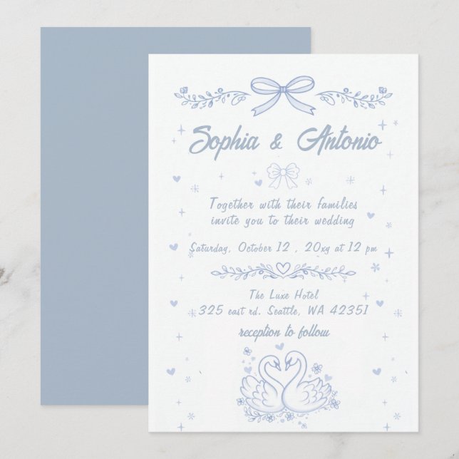 Invitation Doodle Hand Drawn Dusty Blue Swans Wedding (Devant / Derrière)