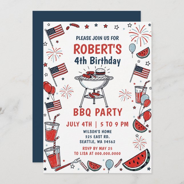 Invitation Doodle Hand Drawn July 4th BBQ Birthday Party  (Devant / Derrière)