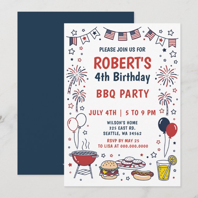 Invitation Doodle Hand Drawn July 4th BBQ Birthday Party  (Devant / Derrière)