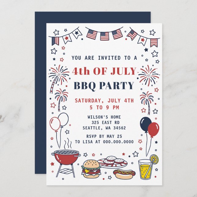Invitation Doodle Hand Drawn July 4th BBQ Holiday Party  (Devant / Derrière)