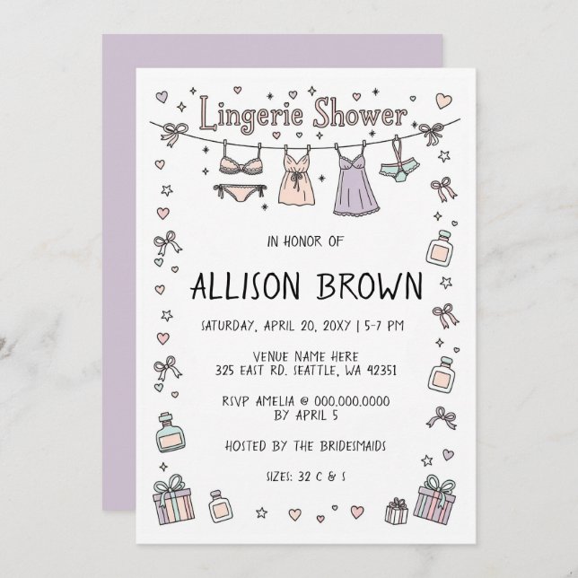 Invitation Doodle Hand Drawn Lingerie Shower Bachelorette  (Devant / Derrière)