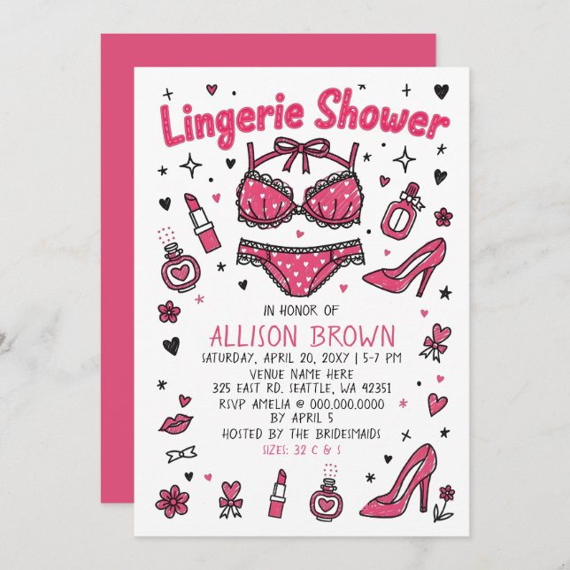 Invitation Doodle Hand Drawn Lingerie Shower Bachelorette  (Devant / Derrière)