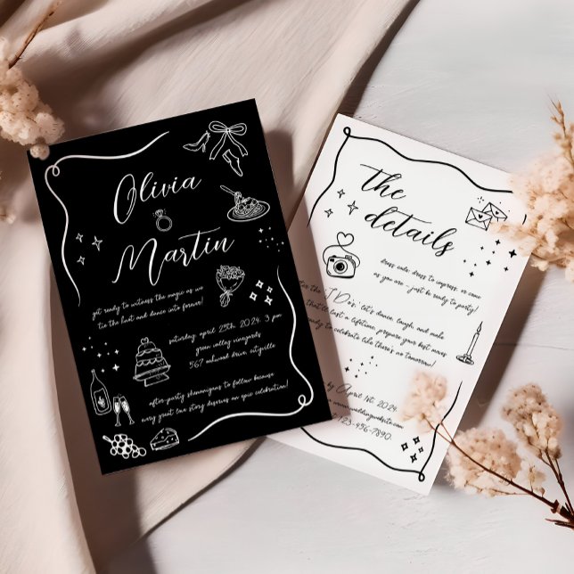 Invitation Doodle italien à main Mariage noir et blanc (Créateur téléchargé)
