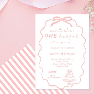 Invitation Doodle Pink Bow Baby Girl 1er Anniversaire Coquett