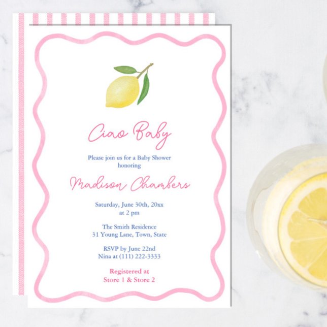 Invitation Doodle rose Frontière Lemon Baby Girl Douche (Ciao Baby Girl Shower invite with trendy pink wavy border, citrus lemon and pink white stripe backer)