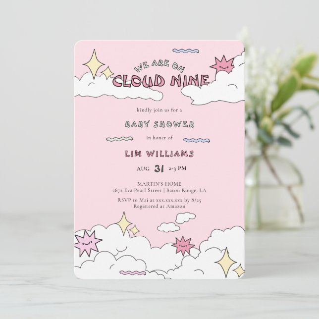 Invitation Doodle rose Nuage Neuf Baby shower (Debout devant)