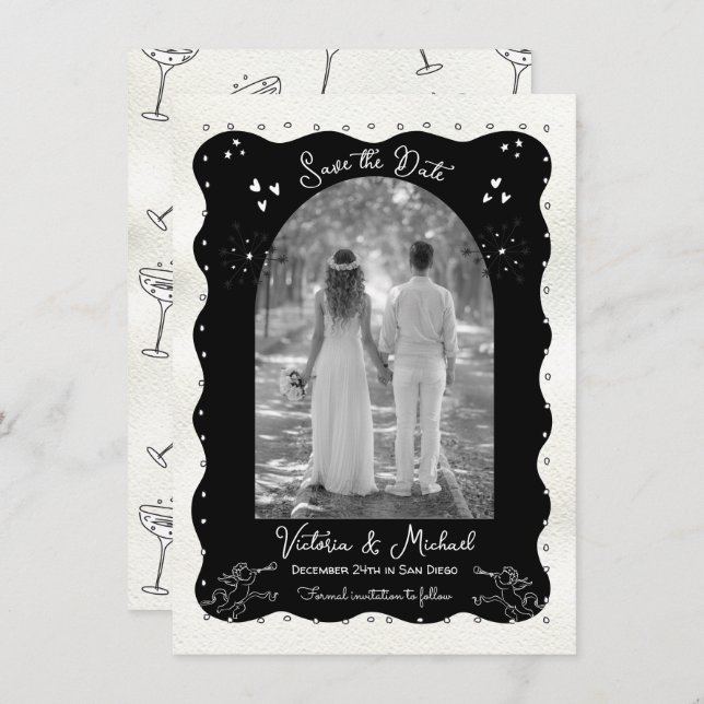 Invitation Doodle Sketch Cherub Funky Save the Date Arch (Devant / Derrière)