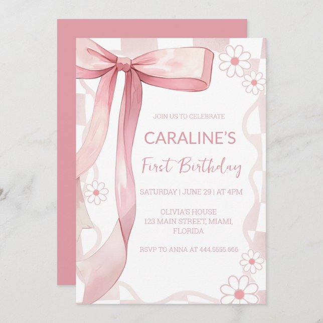 Invitation Doodle Whimsical Pink Bow Premier anniversaire (Devant / Derrière)