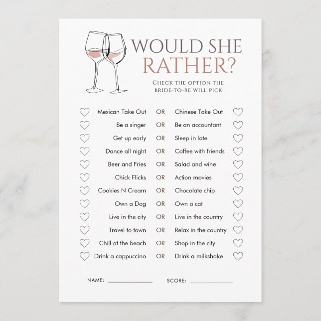 Invitation Doodle Wine Would She Rather Bridal Shower Game (Devant)