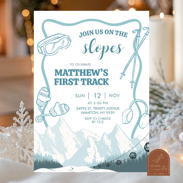 Invitation Doodle Winter Blue pastel Ski 1st birthday (Créateur téléchargé)
