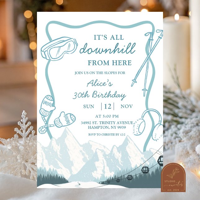 Invitation Doodle Winter Blue pastel Ski downhill birthday (Créateur téléchargé)