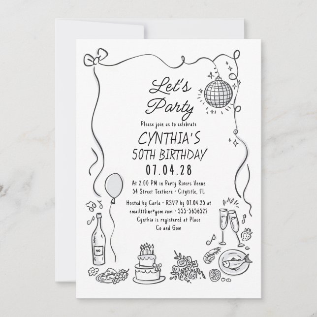 Invitation Doodles à la main Whimsical Quirky Adulte Annivers (Devant)