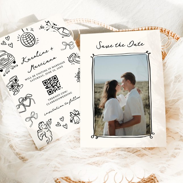 Invitation Doodles à main fantaisie Enregistrer la date Code  (Créateur téléchargé)