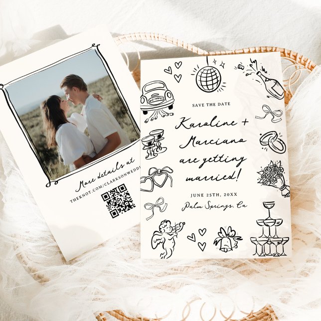 Invitation Doodles à main fantaisie Enregistrer la date Code  (Créateur téléchargé)