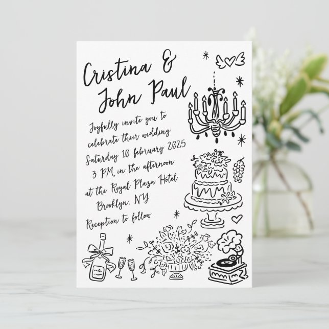 Invitation Doodles à main fantaisie Mariage de style français (Debout devant)