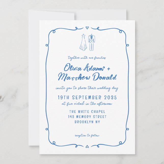 Invitation Doodles à main fantaisie Mariage de style français (Devant)