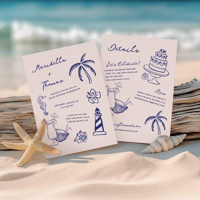 Invitation Doodles de plage dessinés à la main en un seul Mar (Créateur téléchargé)
