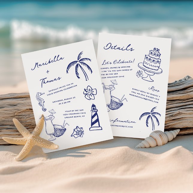 Invitation Doodles de plage dessinés à la main en un seul Mar (Créateur téléchargé)