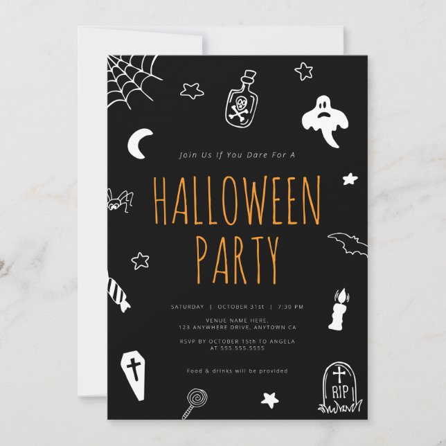 Invitation Doodles Dessinés à la main jolie fête d'Halloween (Devant)