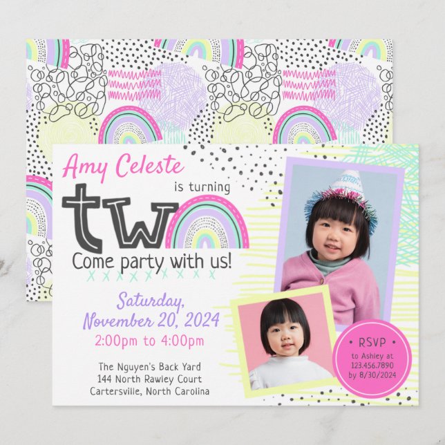 Invitation Doodles Kawaii 2-Photo Rainbow Girl's 2nd Birthday (Devant / Derrière)