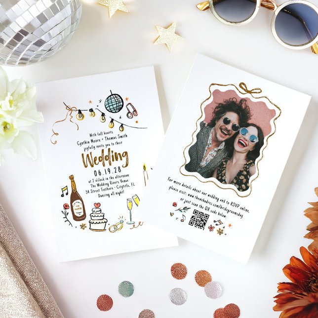 Invitation Doodles tirés à la main Funky Mariage & Détails Ph (Whimsical Funky Hand Drawn Wedding Photo Invitation with Details and QR code)