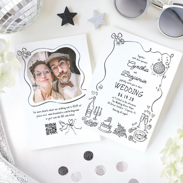 Invitation Doodles tirés à la main Whimsical Retro Mariage Ph (Hand Drawn Whimsical Wedding Photo Invitation)