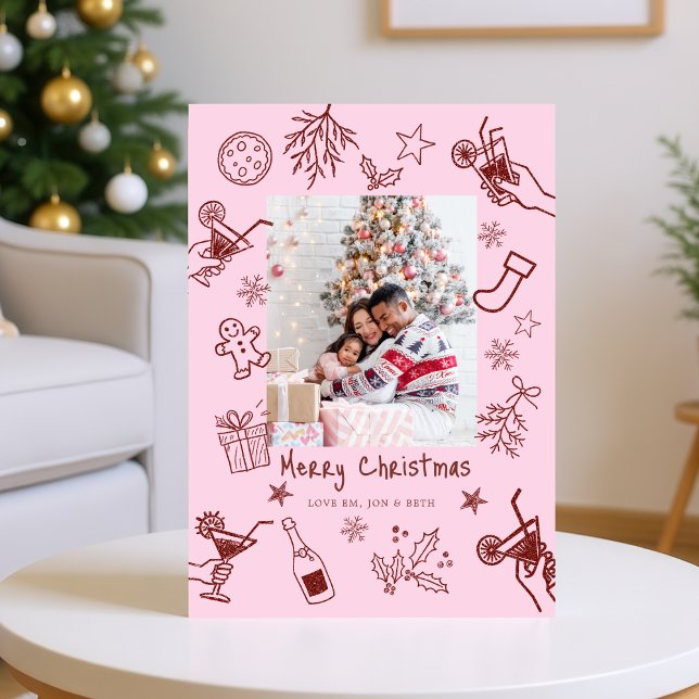 Invitation Doodles Whimsical Photo Red Pink Christmas Card (Créateur téléchargé)