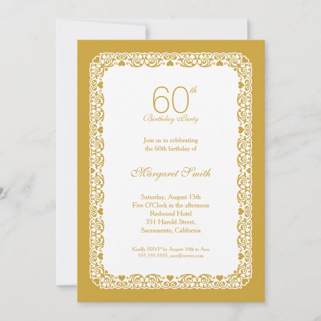 Invitation d'or de fête d'anniversaire de dentelle (Devant)