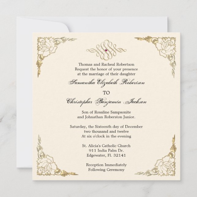 Invitation d'or élégant de mariage d'or d'accent (Devant)
