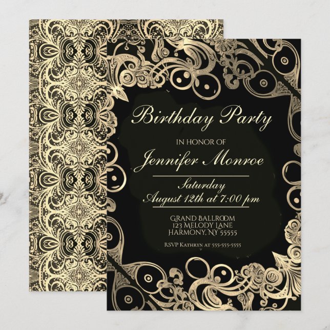 Invitation d'or Ornate de la fête d'anniversaire r (Devant / Derrière)