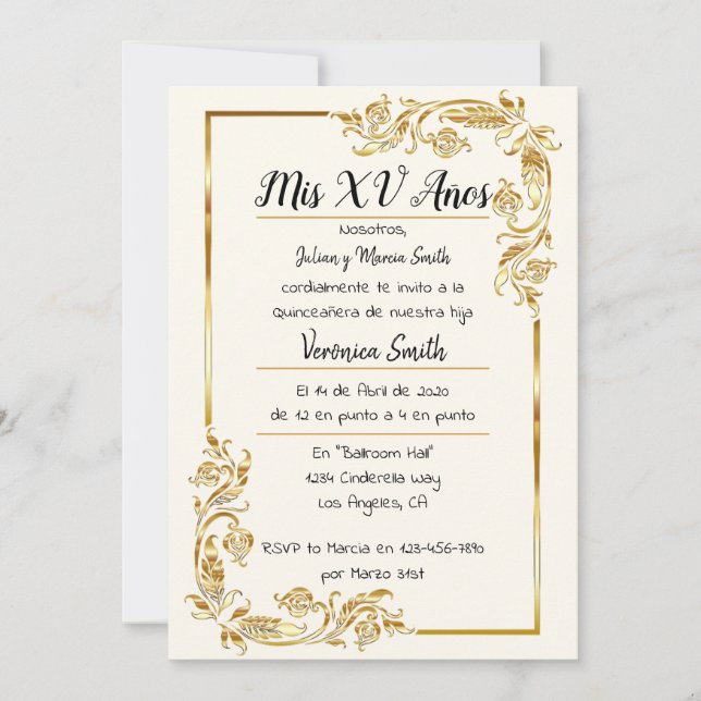 Invitation Dorado Quinceañera (Devant)
