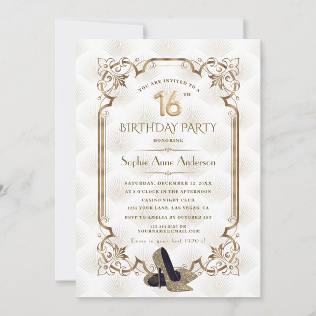 Invitation Doré Blanc Art déco doux 16e anniversaire (Devant)