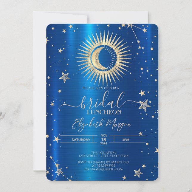 Invitation Doré et Lune Étoiles Bleu Métallurique Déjeuner (Devant)