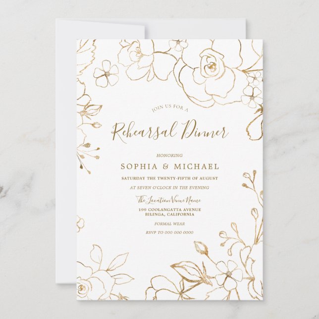 Invitation Doré Floral Élégant Blanc Moderne Dîner de répétit (Devant)