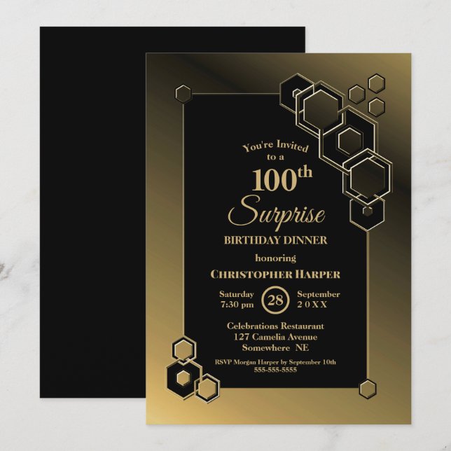 Invitation Doré Géométrique Surprise 100e anniversaire Dîner (Devant / Derrière)