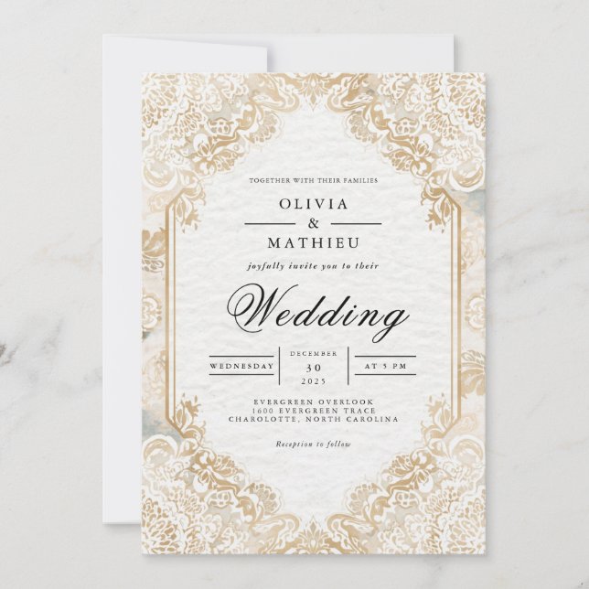 Invitation Doré Lace Romance Flourdissant Mariage (Devant)