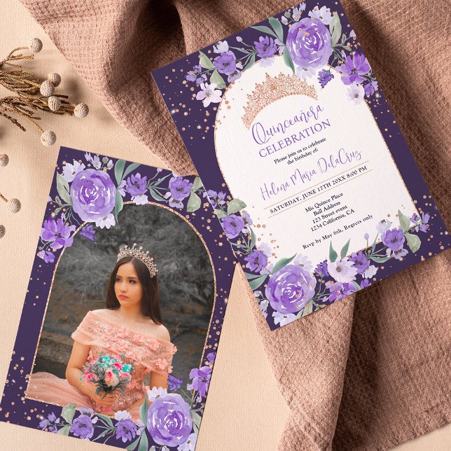 Invitation Doré Rose violet tiara princess Quinceanera (Créateur téléchargé)