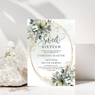 Invitation dorée pour un Sweet 16 dans un eucalypt