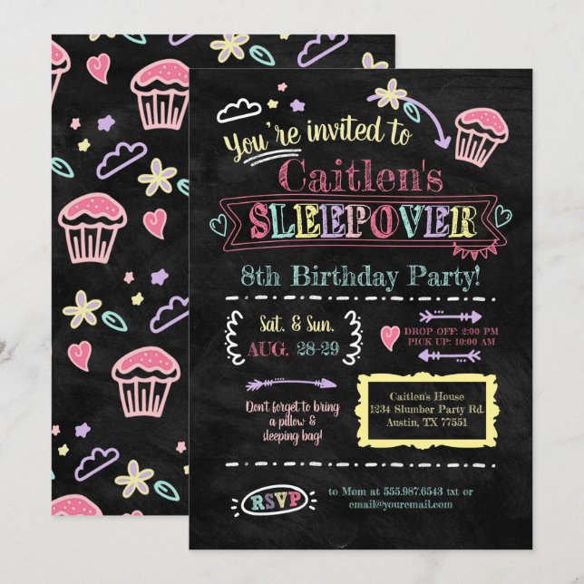 Invitation Dormir de la fête du bois Anniversaire Doodle tabl (Devant / Derrière)