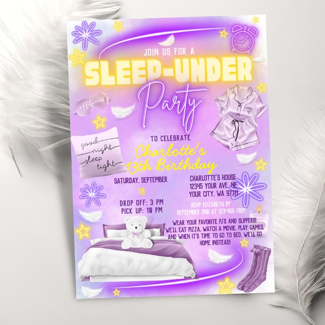 Invitation Dormir sous la lumière néon entre filles fête d'an (Créateur téléchargé)