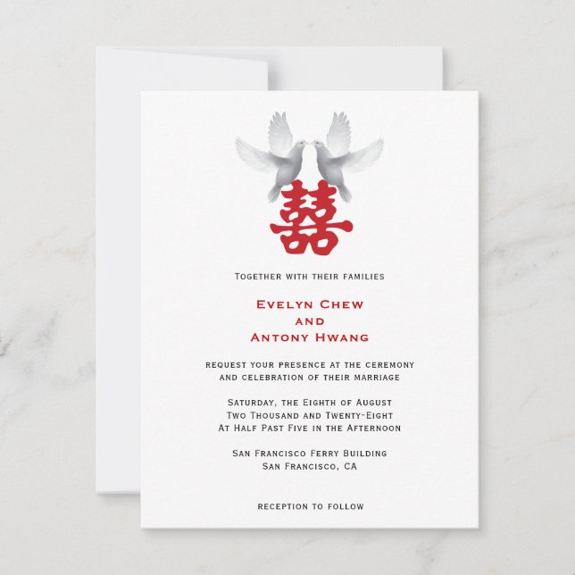 Invitation Doses blanches et bonheur double | Mariage chinois (Devant)