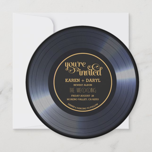 Invitation Dossier Mariage noir de vinyle rétro (Devant)