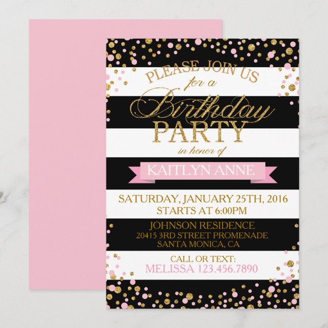 Invitation Dotes de Parties scintillant moderne rose et or (Devant / Derrière)